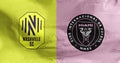 A waving flag of Inter Miami CF vs Nashville SC. Concept: Leagues Cup final.