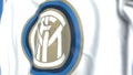 Flying flag with Inter Milan football club logo, close-up. Editorial 3D rendering