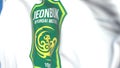 Flying flag with Jeonbuk Hyundai Motors FC football club logo, close-up. Editorial 3D rendering