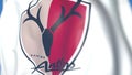 Flying flag with Kashima Antlers football club logo, close-up. Editorial 3D rendering