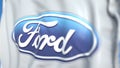Waving flag with Ford Motor Company logo, close-up. Editorial 3D rendering