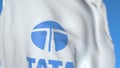 Waving flag with Tata Group logo, close-up. Editorial 3D rendering