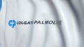 Flying flag with Colgate-Palmolive Company logo, close-up. Editorial loopable 3D animation