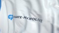 Flying flag with Colgate-Palmolive Company logo, close-up. Editorial 3D rendering