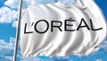 Waving flag with Loreal logo against sky and clouds. Editorial 3D rendering Royalty Free Stock Photo
