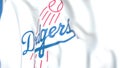 Waving flag with Los Angeles Dodgers team logo, close-up. Editorial 3D rendering