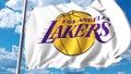 Waving flag with Los Angeles Lakers professional team logo. Editorial 3D rendering