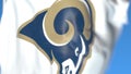 Waving flag with Los Angeles Rams team logo, close-up. Editorial 3D rendering