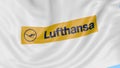 Waving flag of Lufthansa against blue sky background, seamless loop. Editorial 4K animation