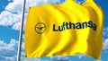 Waving flag with Lufthansa logo against clouds and sky. Editorial 3D rendering