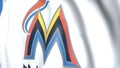 Waving flag with Miami Marlins team logo, close-up. Editorial loopable 3D animation