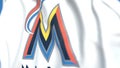 Waving flag with Miami Marlins team logo, close-up. Editorial 3D rendering