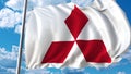 Waving flag with Mitsubishi logo against sky and clouds. Editorial 3D rendering