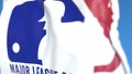 Waving flag with ML Baseball logo, close-up. Editorial 3D rendering