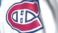 Waving flag with Montreal Canadiens NHL hockey team logo, close-up. Editorial loopable 3D animation