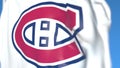 Waving flag with Montreal Canadiens NHL hockey team logo, close-up. Editorial 3D rendering