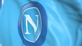 Flying flag with Napoli football team logo, close-up. Editorial 3D rendering