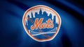 Waving flag with New York Mets professional team logo close-up. Editorial clip