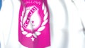 Waving flag with Nomme Kalju FC football club logo, close-up. Editorial 3D rendering