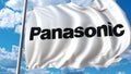 Waving flag with Panasonic logo against moving clouds. 4K editorial animation