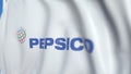 Waving flag with Pepsico logo, close-up. Editorial 3D rendering