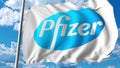 Waving flag with Pfizer logo. Editoial 3D rendering