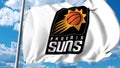 Waving flag with Phoenix Suns professional team logo. Editorial 3D rendering