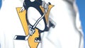 Waving flag with Pittsburgh Penguins NHL hockey team logo, close-up. Editorial 3D rendering