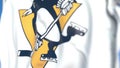 Waving flag with Pittsburgh Penguins NHL hockey team logo, close-up. Editorial 3D rendering Royalty Free Stock Photo