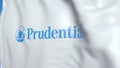 Waving flag with Prudential Financial logo, close-up. Editorial 3D rendering