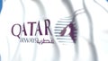 Waving flag with Qatar Airways logo, close-up. Editorial 3D rendering Royalty Free Stock Photo