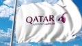 Waving flag with Qatar Airways logo. 3D rendering