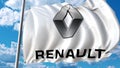 Waving flag with Renault logo against sky and clouds. Editorial 3D rendering