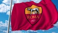 Waving flag with Roma football team logo. Editorial 3D rendering