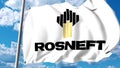 Waving flag with Rosneft logo against clouds and sky. 4K editorial animation