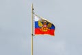 Waving flag of Russian Federation with gilded coat of arms against cloudy sky Royalty Free Stock Photo