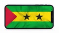 Waving flag of SÃ£o TomÃ© and PrÃ­ncipe on a mobile phone screen. 3d animation in 4k video.