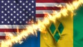 Waving flag of Saint Vincent and the Grenadines and the United States separated by a line of fire.