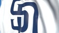 Waving flag with San Diego Padres team logo, close-up. Editorial loopable 3D animation