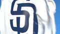 Waving flag with San Diego Padres team logo, close-up. Editorial 3D rendering