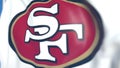 Waving flag with San Francisco 49Ers team logo, close-up. Editorial 3D rendering