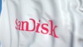 Flying flag with Sandisk logo, close-up. Editorial 3D rendering Royalty Free Stock Photo