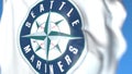 Waving flag with Seattle Mariners team logo, close-up. Editorial 3D rendering