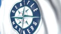 Waving flag with Seattle Mariners team logo, close-up. Editorial loopable 3D animation