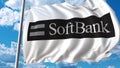 Waving flag with Soft Bank logo against sky and clouds. Editorial 3D rendering