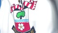 Waving flag with Southampton FC football club logo, close-up. Editorial 3D rendering
