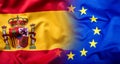 Waving flag of Spain and European Union.Eu Flag Spain Flag Royalty Free Stock Photo