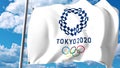 Waving flag with 2020 Summer Olympics logo against clouds and sky. Editorial 3D rendering