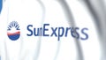 Waving flag with SunExpress logo, close-up. Editorial loopable 3D animation