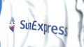 Waving flag with SunExpress logo, close-up. Editorial 3D rendering Royalty Free Stock Photo